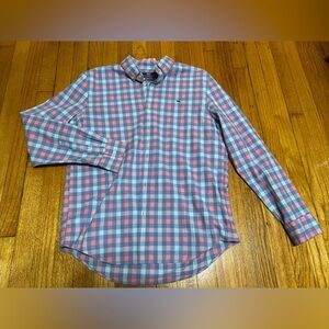 Vineyard Vines Cotton  Shirt Mens Large Blue Pink Plaid Button Down Slim Fit